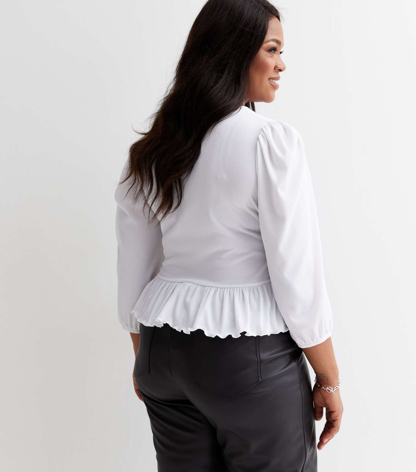 Curves White Ribbed Ruched Puff Sleeve Peplum Top | New Look