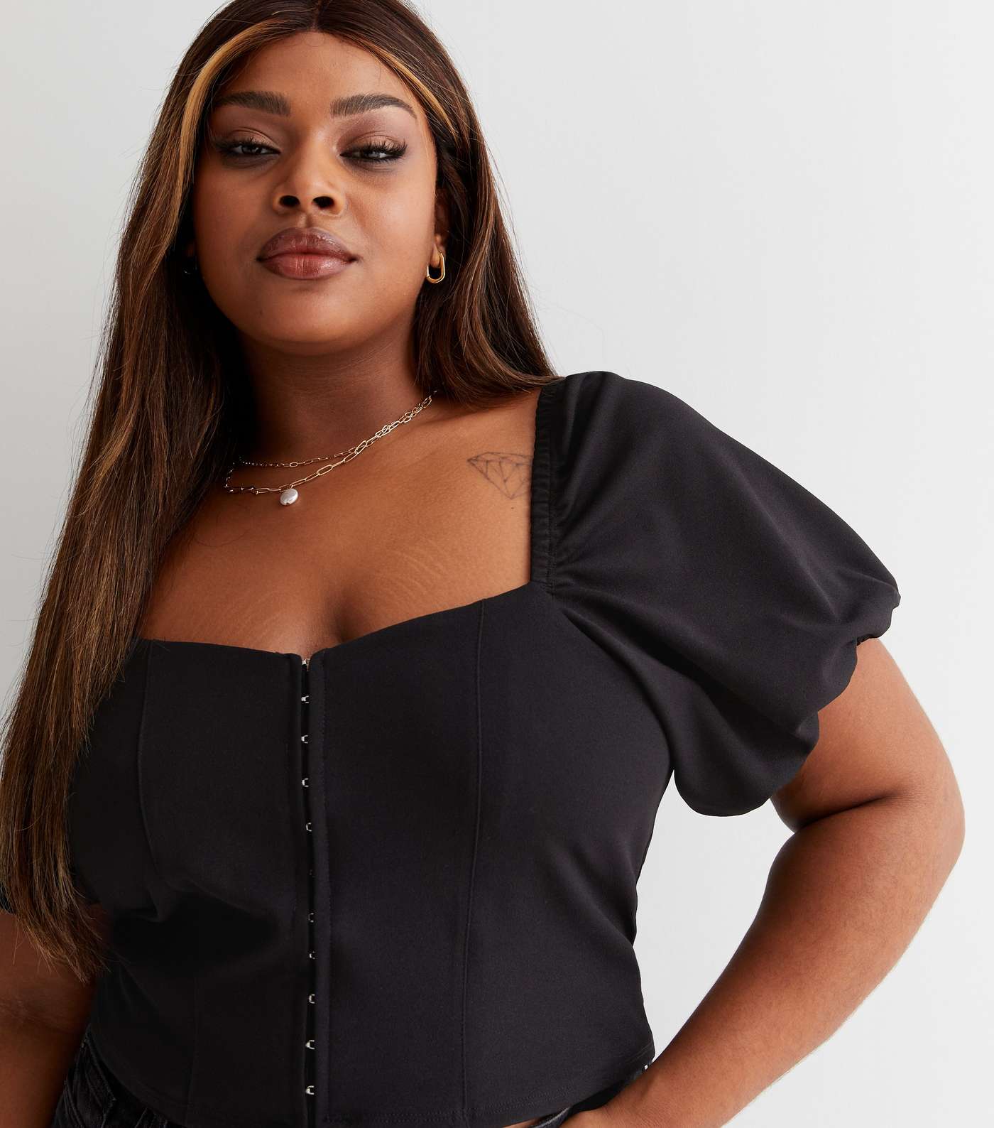 Curves Black Square Neck Short Puff Sleeve Corset Top Image 3