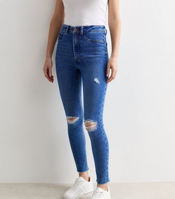 Bright Blue Ripped Knee High Waist Hallie Super Skinny Jeans New Look