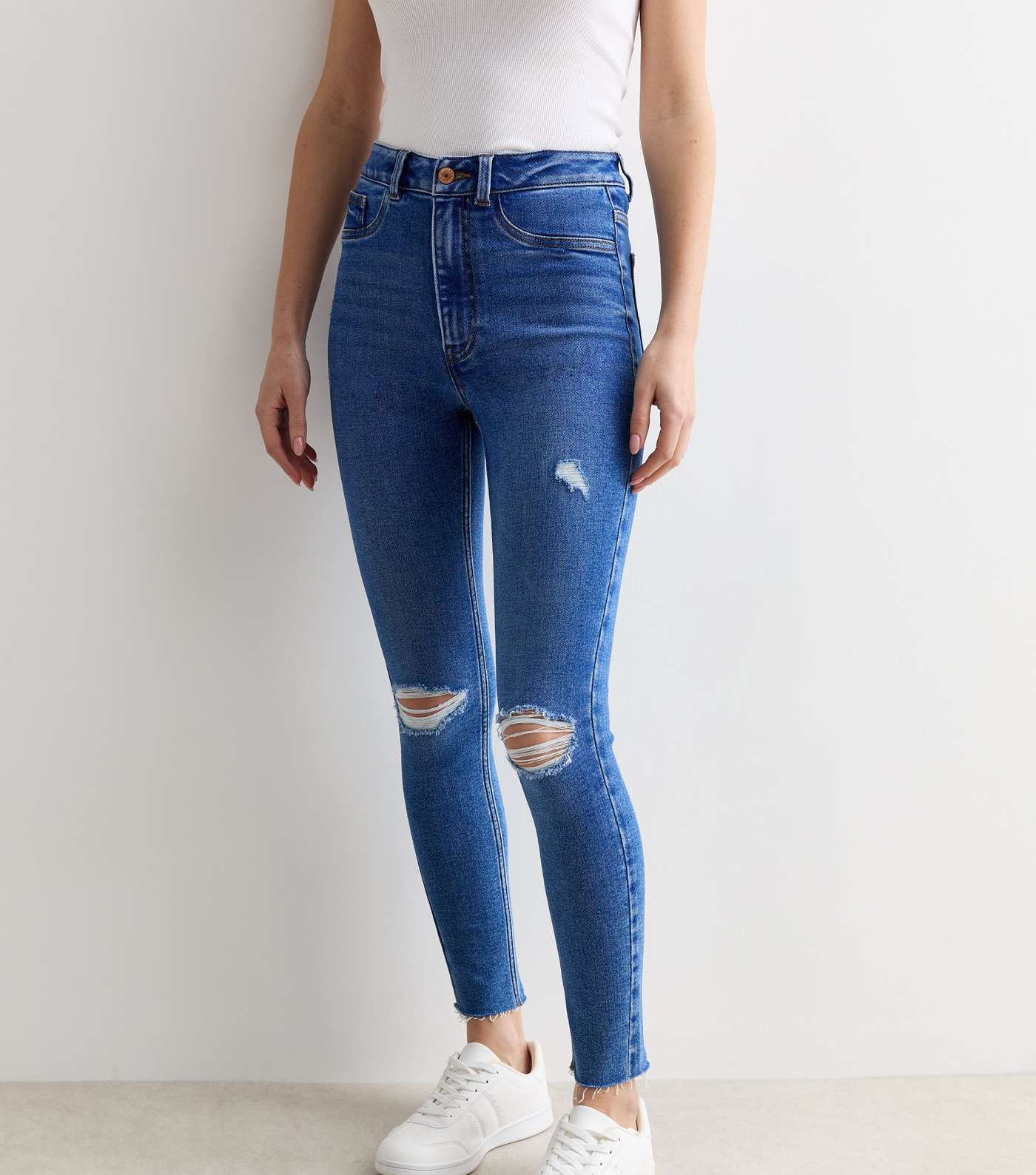 Bright Blue Ripped Knee High Waist Hallie Super Skinny Jeans Image 3