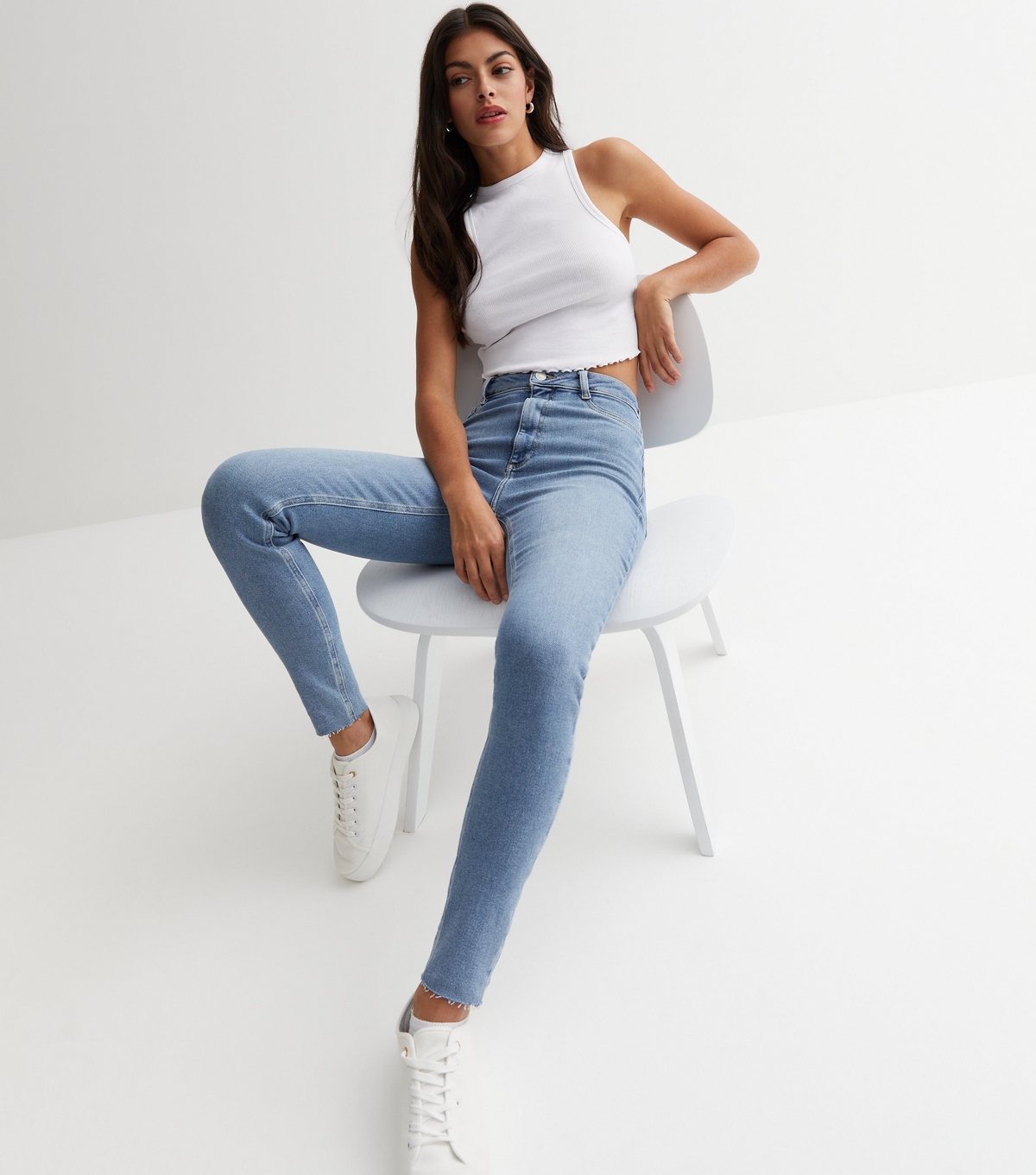 Women's Blue Frayed Hem High Waist Hallie Super Skinny Jeans New Look