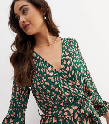 Gini London Green Animal Print V Neck Midi Wrap Dress New Look