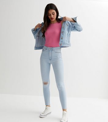Pale Blue Ripped Knee High Waist Hallie Super Skinny Jeans New Look