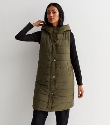 Gini London Olive Long Hooded Gilet New Look