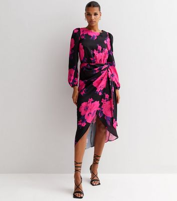 Black Floral Long Sleeve Tie Side Midi 