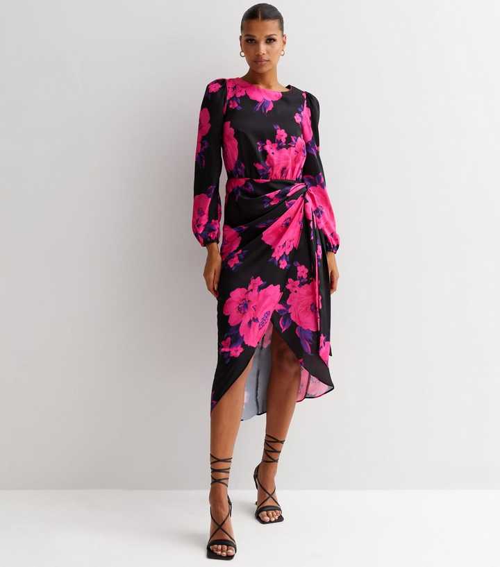 Black Floral Long Sleeve Tie Side Midi Wrap Dress