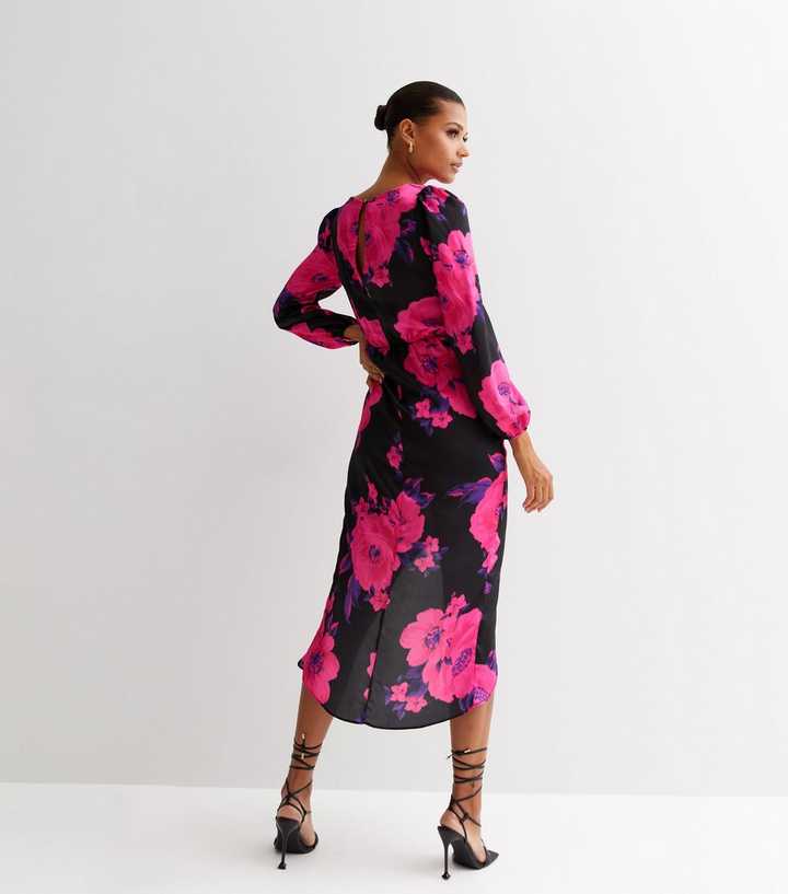 Black Floral Long Sleeve Tie Side Midi Wrap Dress | New Look