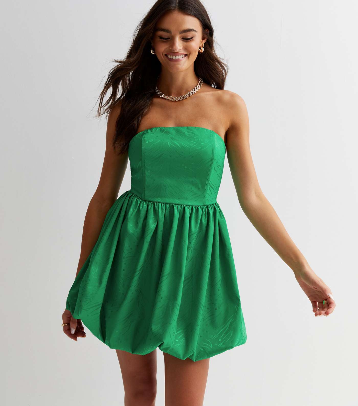 Green Satin Jacquard Bandeau Mini Puff Dress