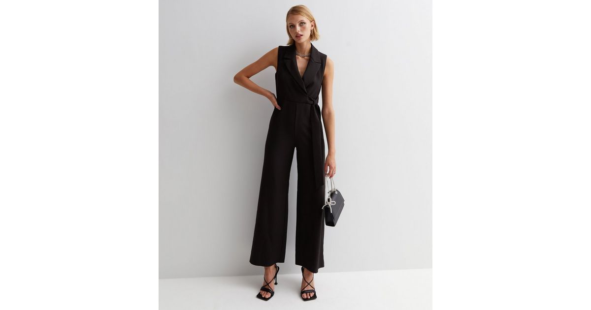 Black Revere Collar Sleeveless Wide Leg Tuxedo Jumpsuit New Look