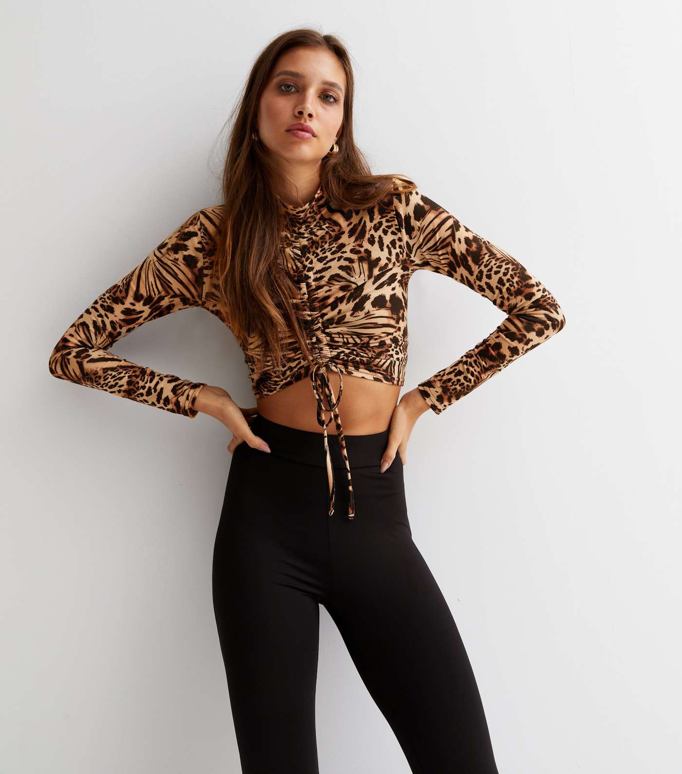 Brown Animal Print High Neck Ruched Tie Front Long Sleeve Crop Top Image 2