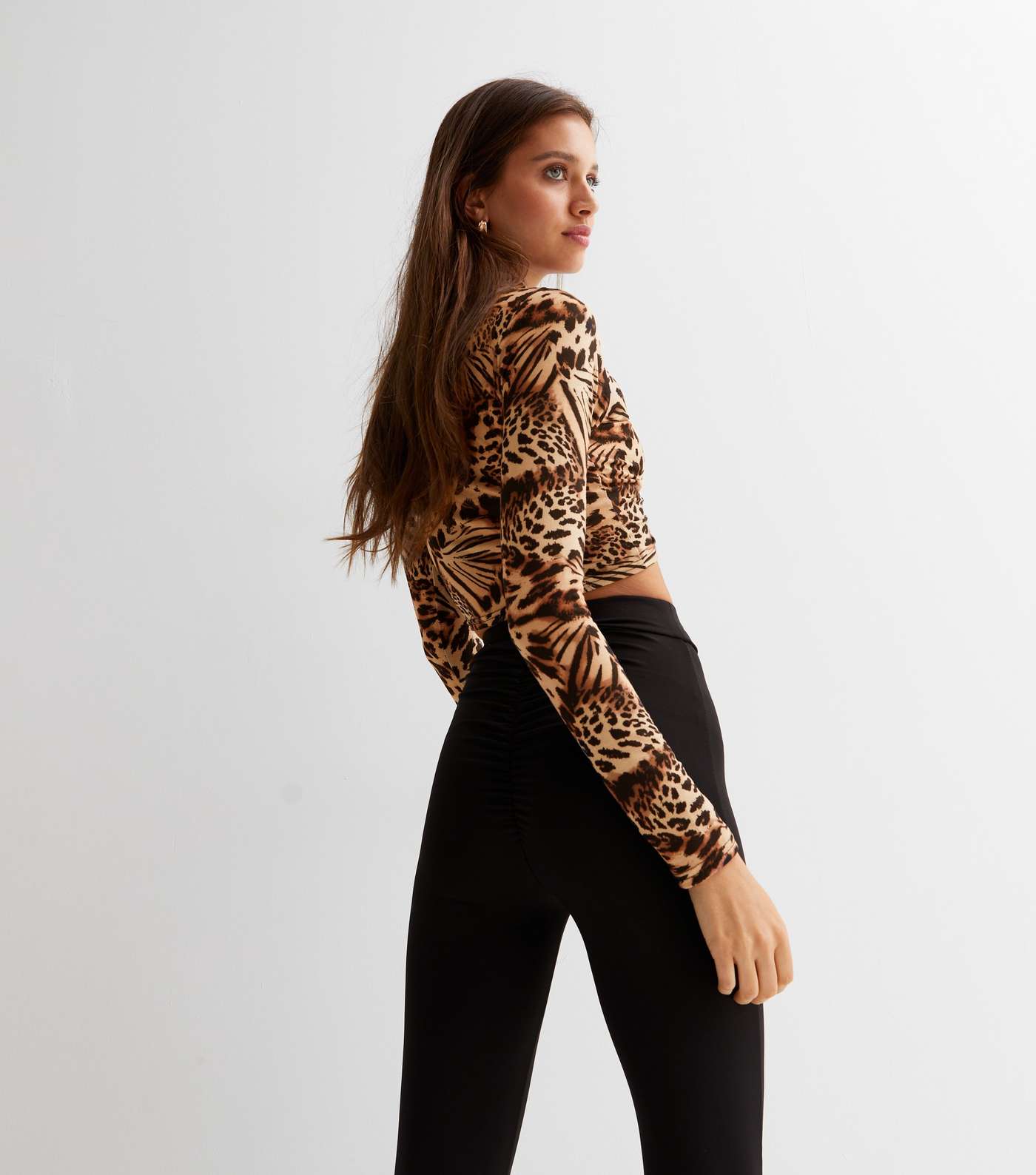Brown Animal Print High Neck Ruched Tie Front Long Sleeve Crop Top Image 4