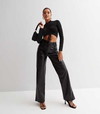 Black Slinky Ruched High Neck Tie Front Long Sleeve Top