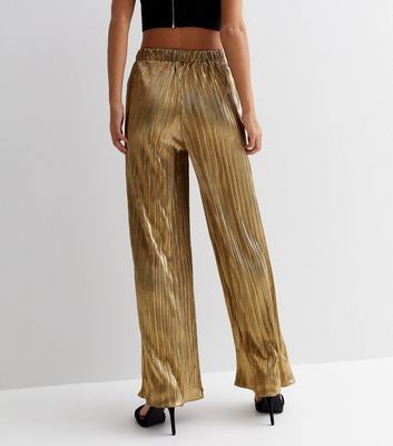 Gold Plisse High Waist Flared Wide Leg Trousers New Look