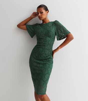Gini London Dark Green Lace Short Sleeve Midi Bodycon Dress