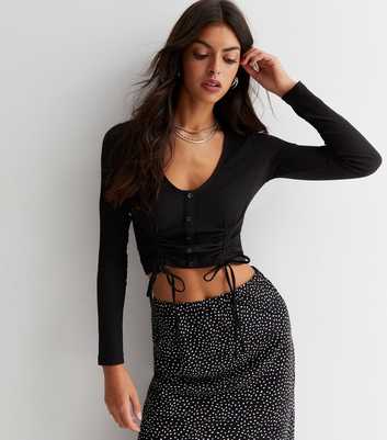 Black Ruched Button Front Long Sleeve Crop Top