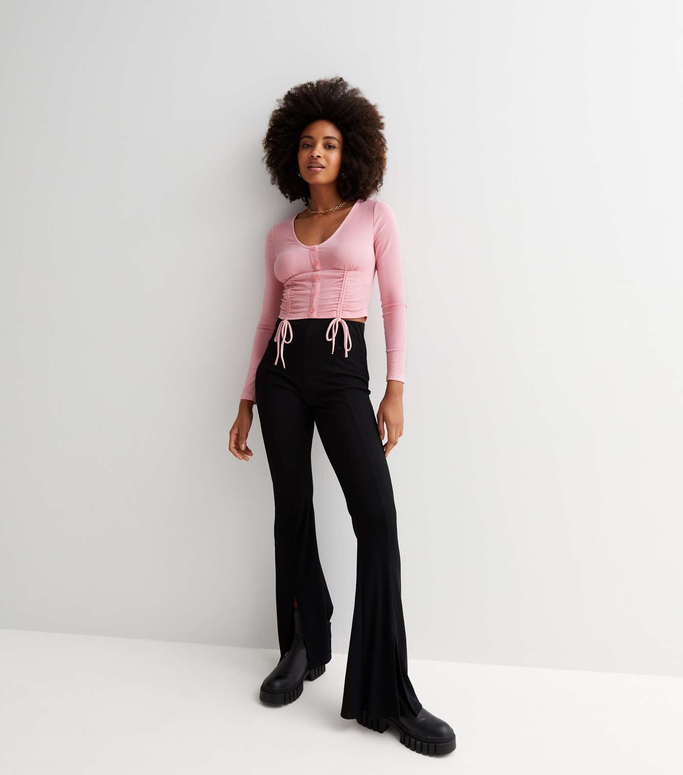 Mid Pink Ruched Button Front Long Sleeve Crop Top Image 3