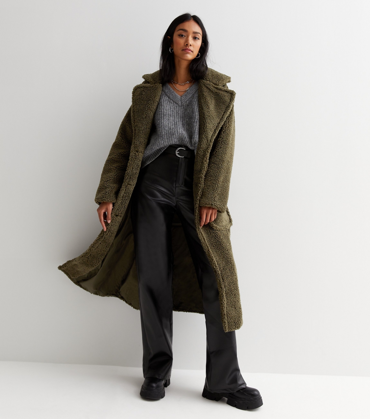 Women's Olive Teddy Pocket Front Long Coat Gini London New Look