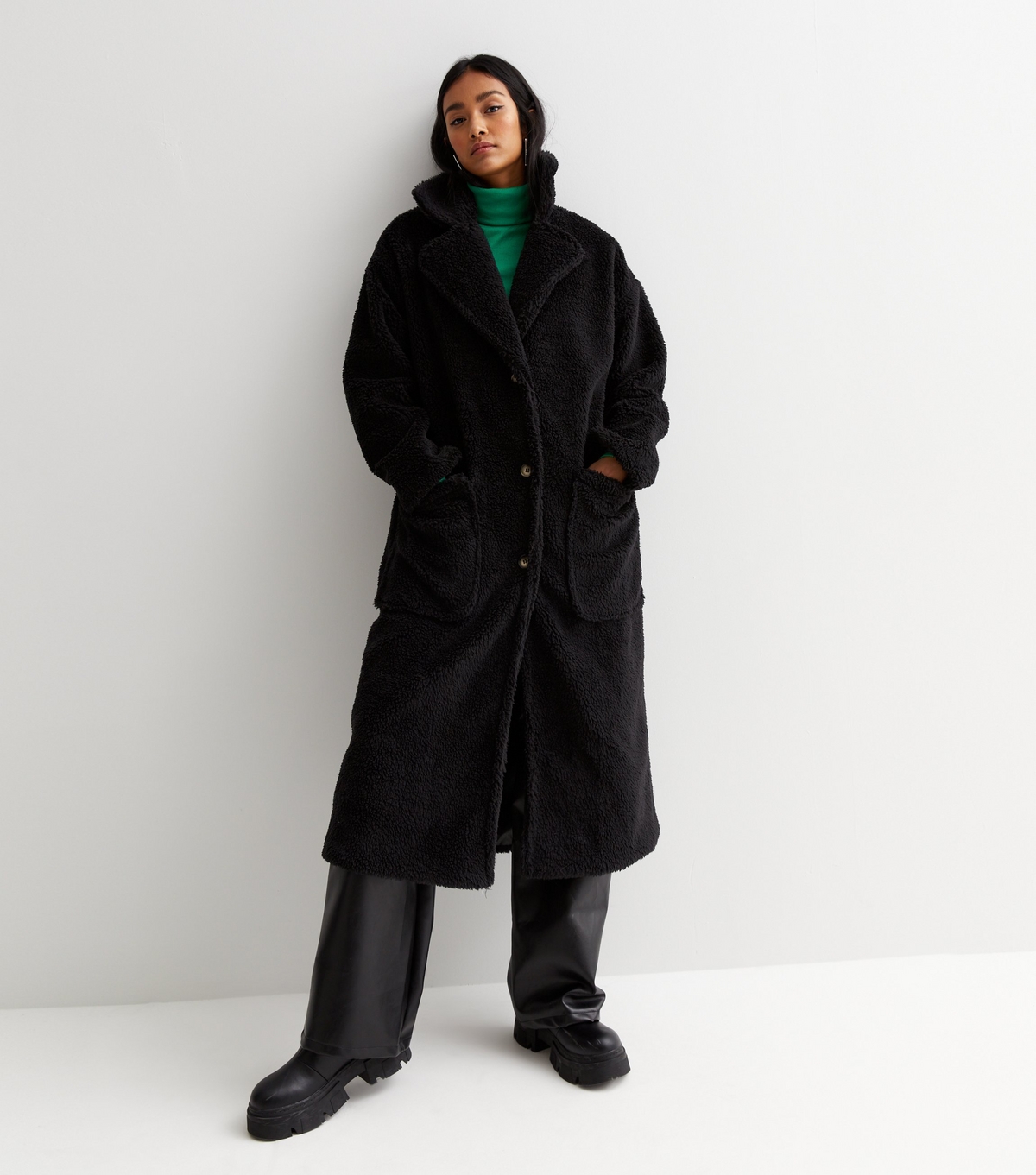 Women's Black Teddy Pocket Front Long Coat Gini London New Look