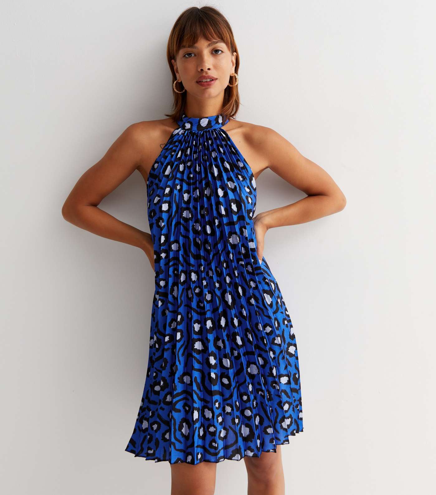 Blue Leopard Print Satin Pleated Halter Mini Dress