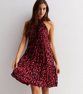 Red Leopard Print Satin Pleated Mini Halter Dress New Look