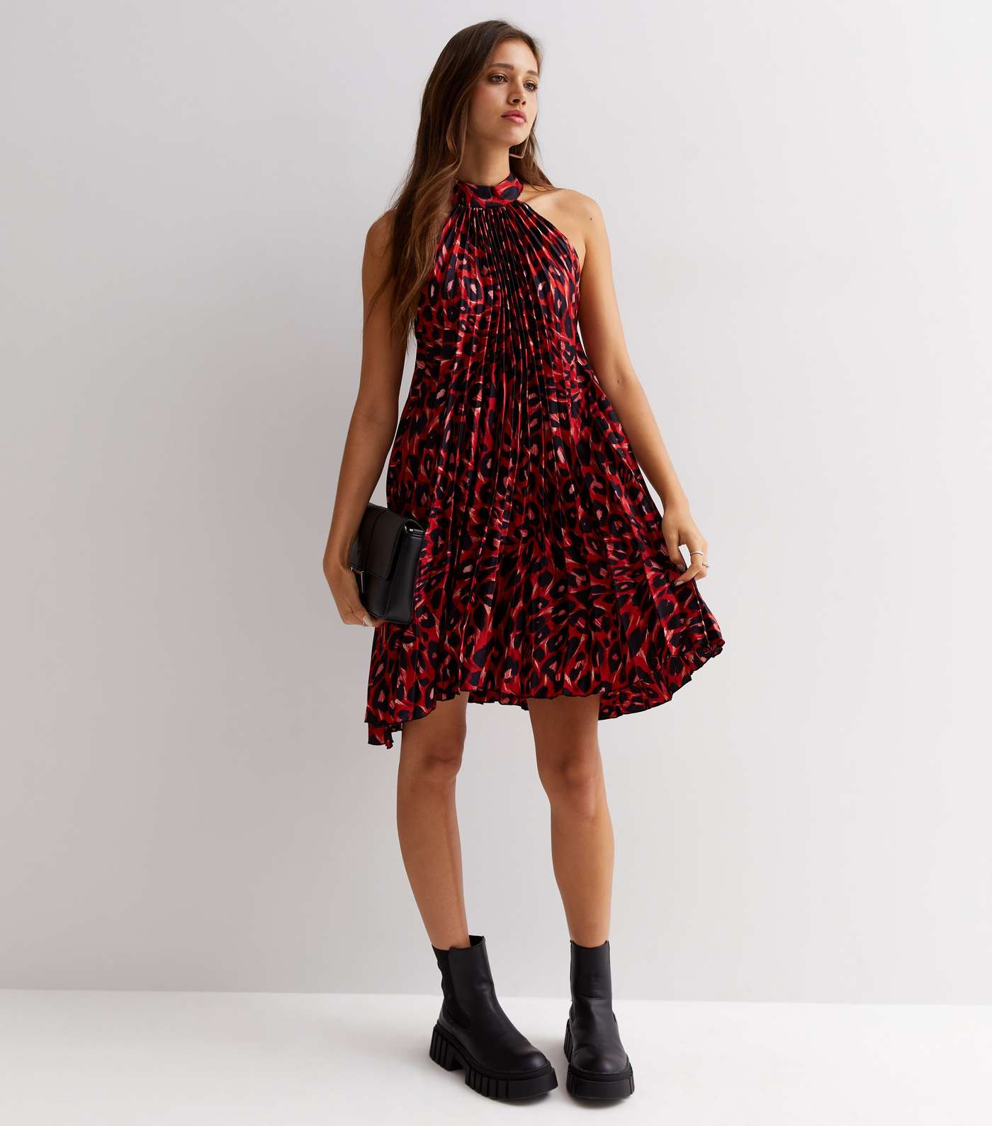 Red Leopard Print Satin Pleated Mini Halter Dress Image 2