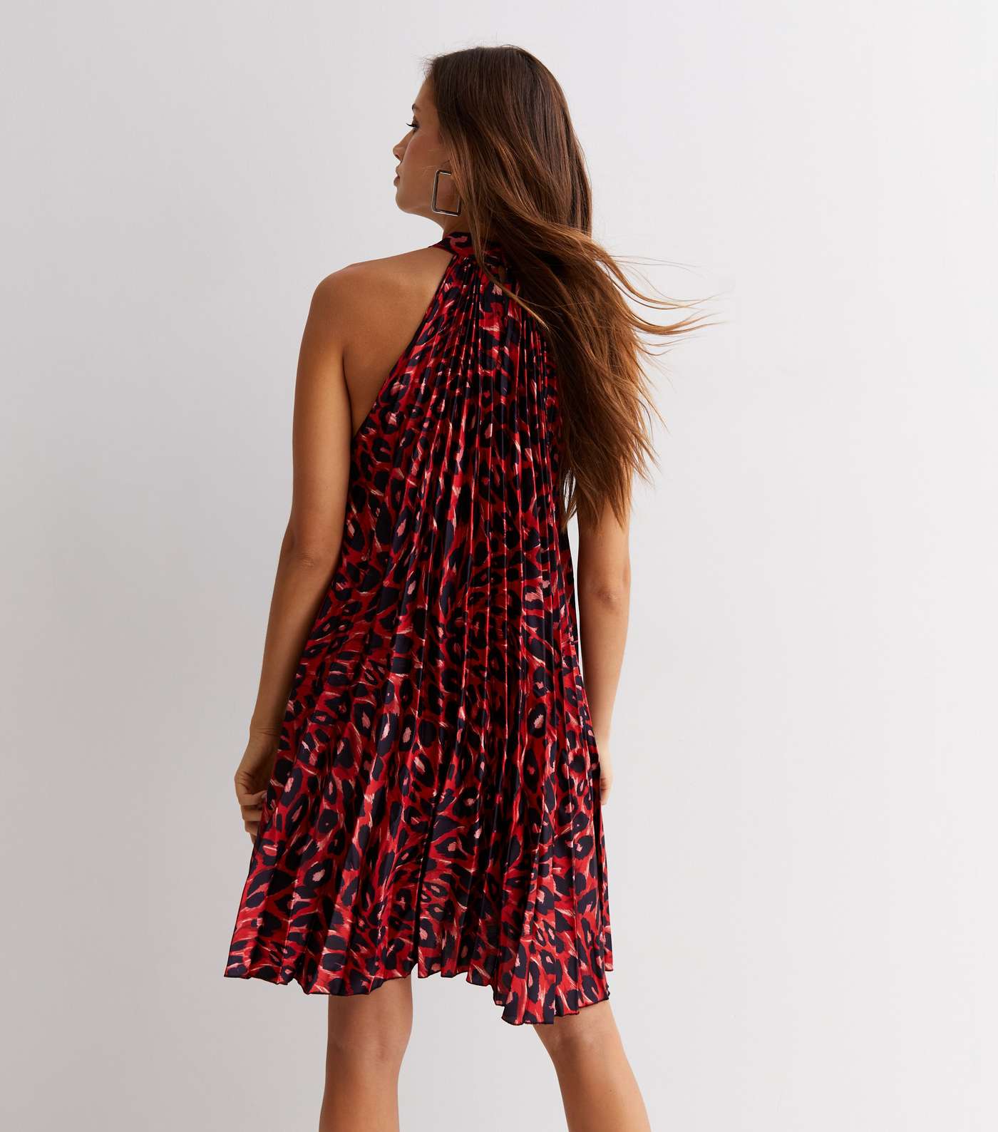 Red Leopard Print Satin Pleated Mini Halter Dress Image 4