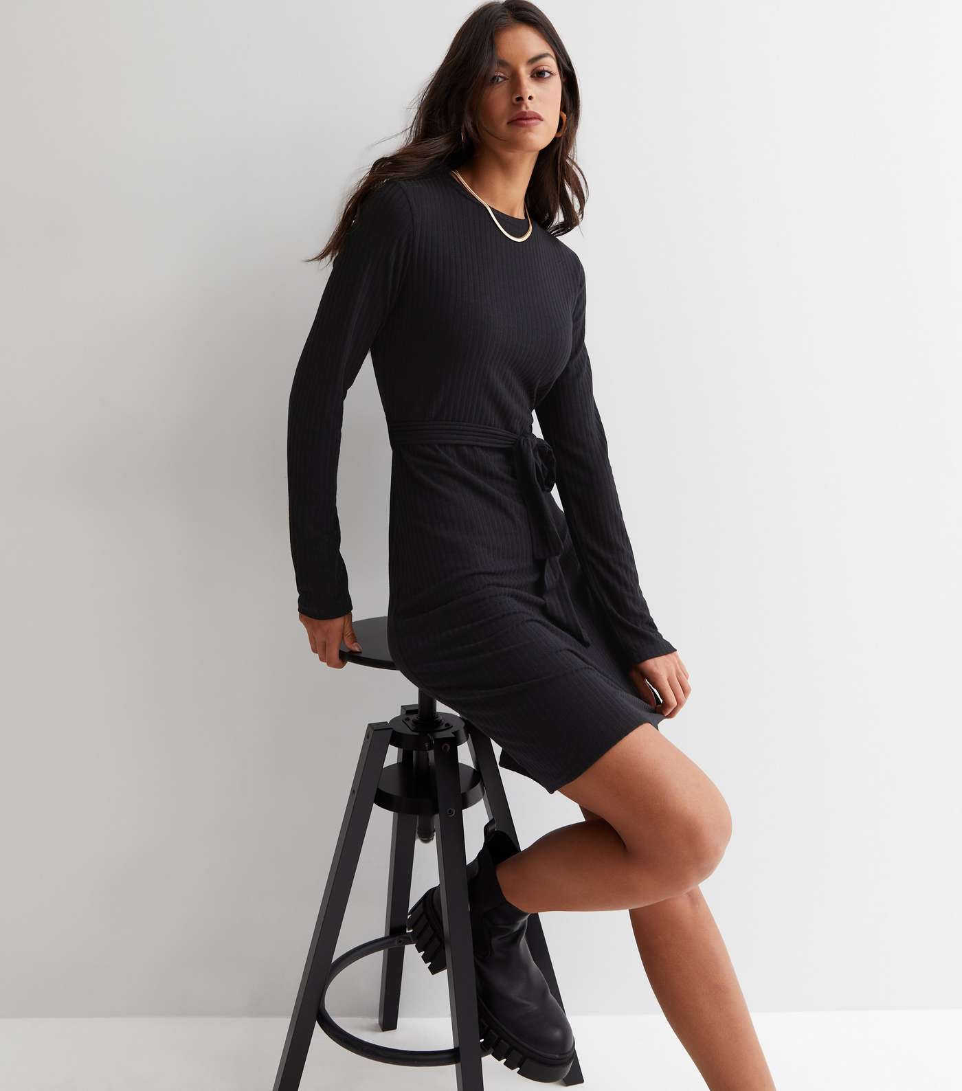 Black Ribbed Jersey Belted Long Sleeve Mini Dress Image 2