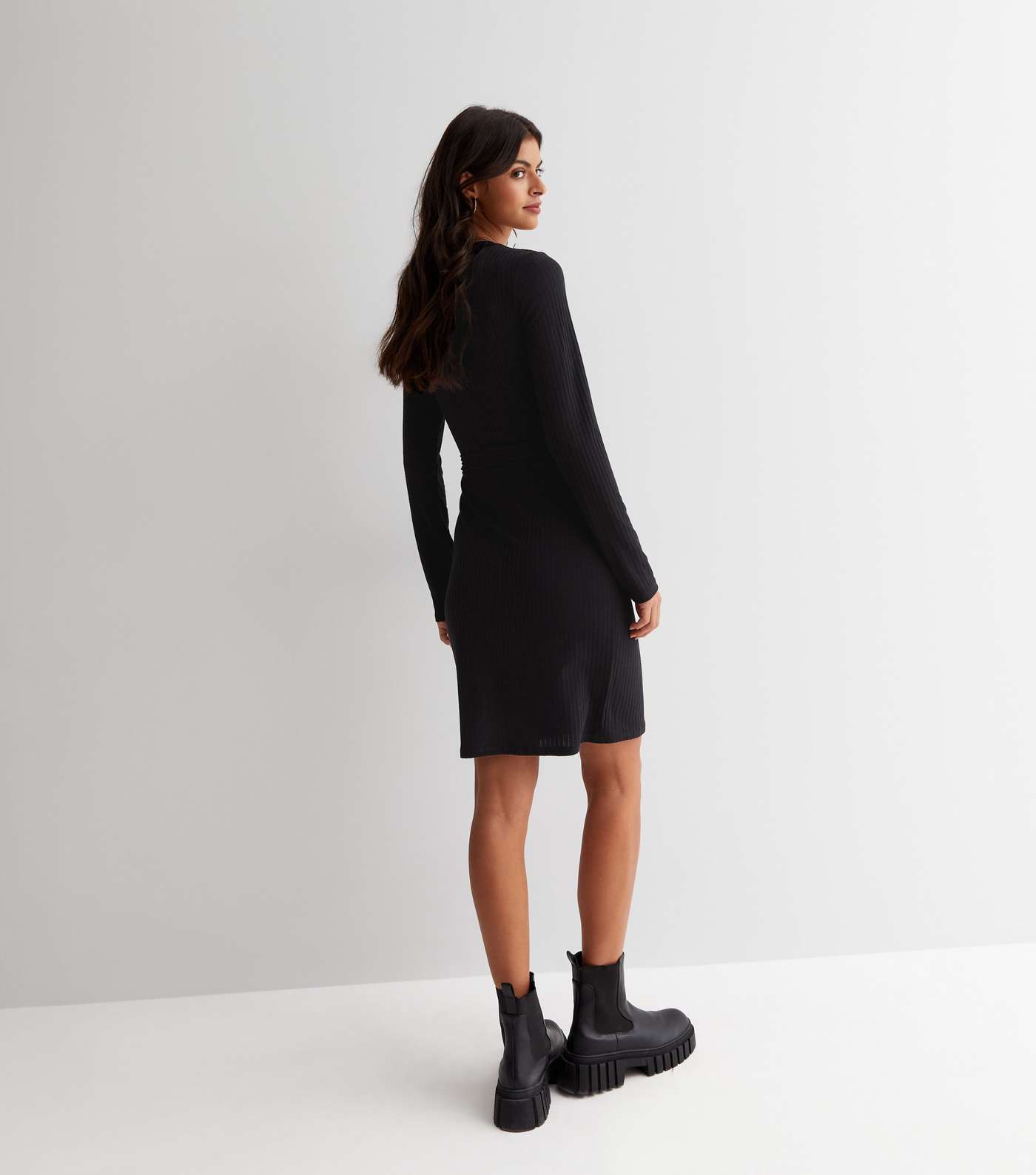 Black Ribbed Jersey Belted Long Sleeve Mini Dress Image 4