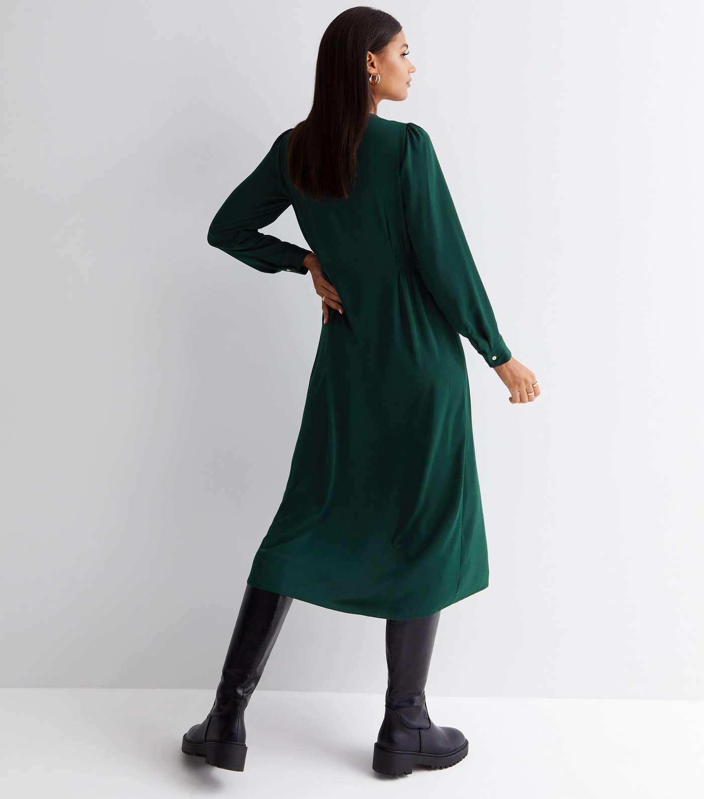 Dark Green V Neck Reverse Belt Long Sleeve Midi Shirt Dress Image 4