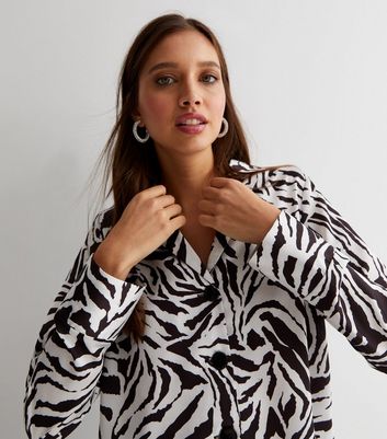 Black Zebra Satin Collared Long Sleeve Boxy Shirt