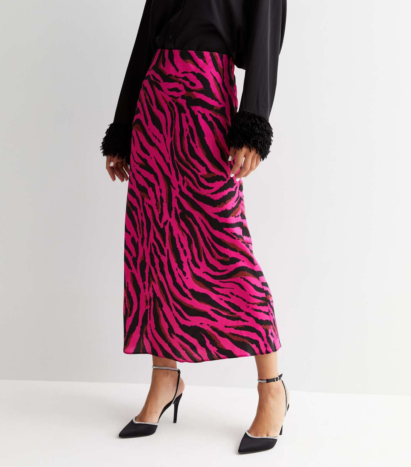 Pink Zebra Print Satin Bias Cut Midi Skirt Image 2