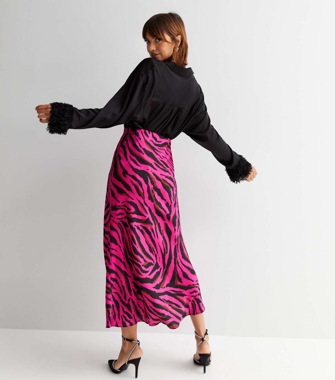 Pink Zebra Print Satin Bias Cut Midi Skirt Image 4
