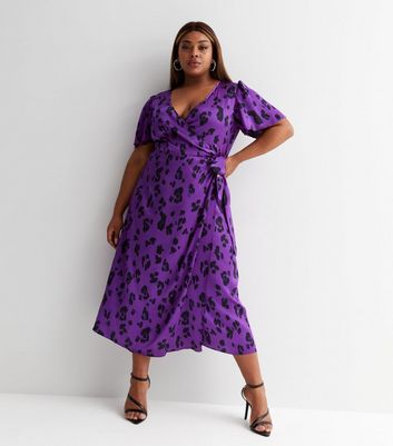 Curves Purple Floral Satin V Neck Short Sleeve Midi Wrap Dress