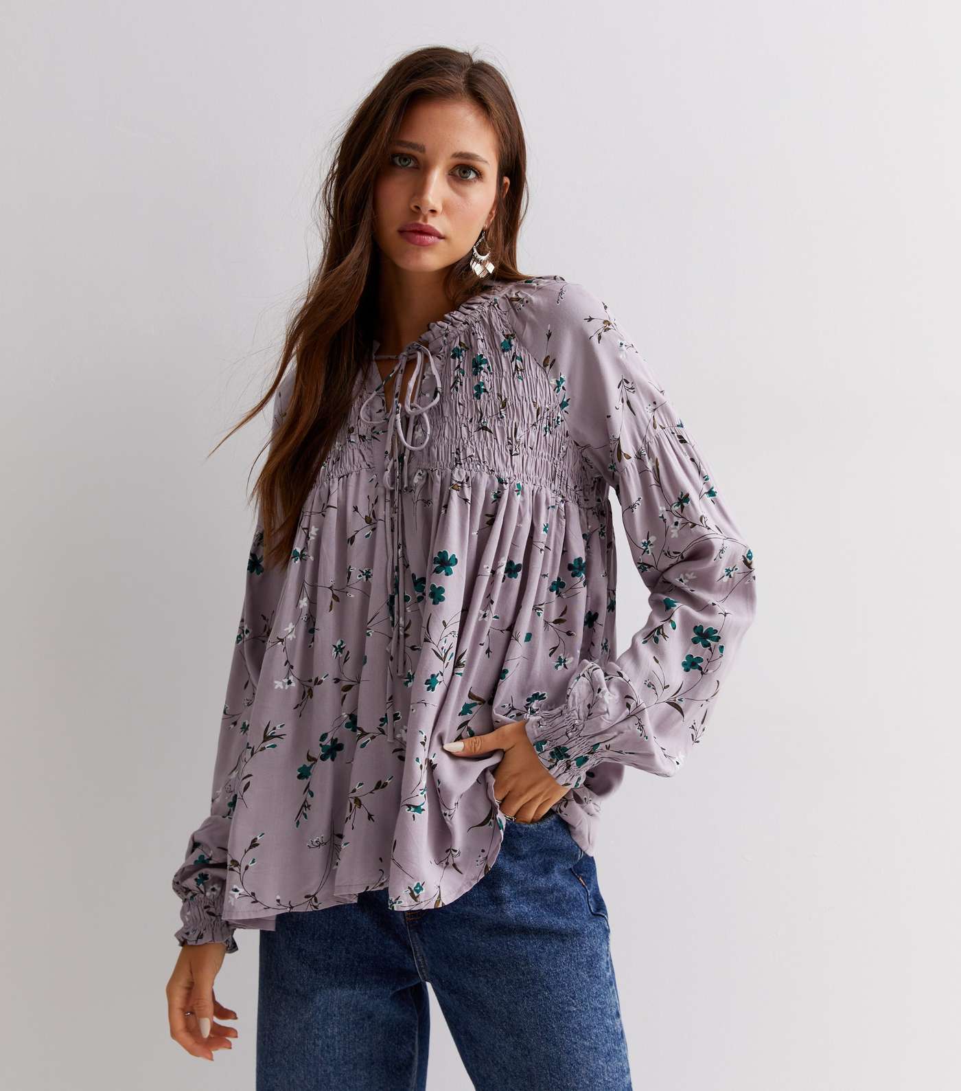 Sunshine Soul Lilac Floral Puff Sleeve Smock Blouse