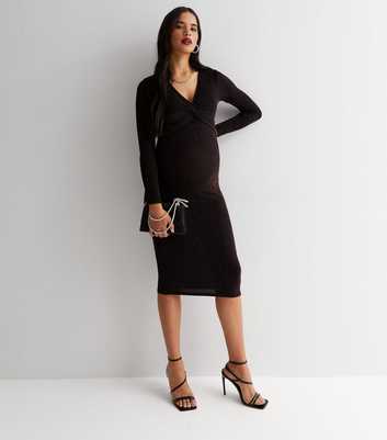 Maternity Black Glitter Twist Midi Nursing Dress