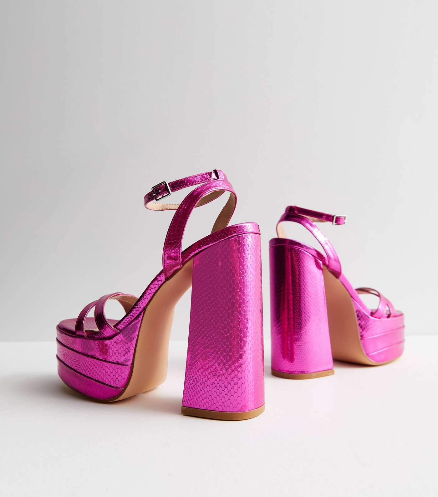 Bright Pink Faux Croc Platform Block Heel Sandals Image 4