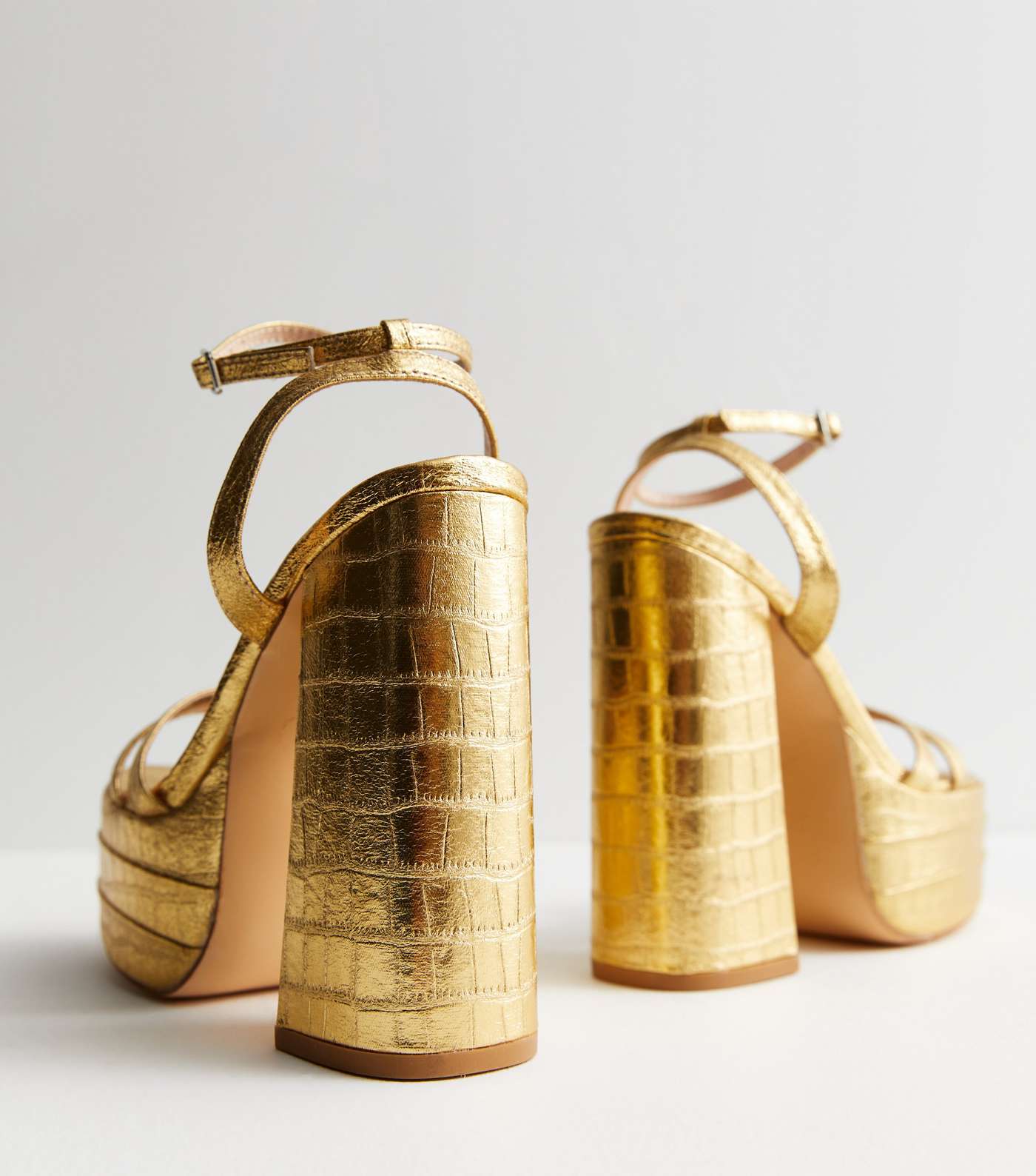 Gold Faux Croc Platform Block Heel Sandals Image 4