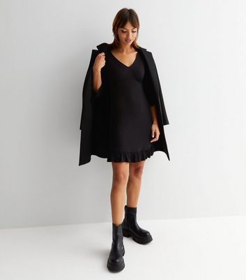 Black V Neck 3/4 Sleeve Frill Mini Dress New Look