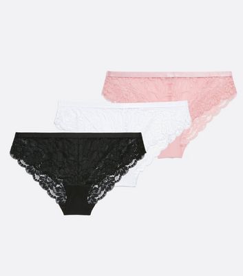 3 Pack Pink Black and White Floral Lace Short Briefs New Look