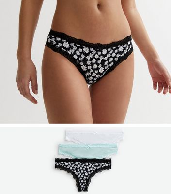 3 Pack White Green and Daisy Lace Trim Thongs