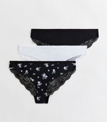 3 Pack Black and White Floral Lace Back Seamless Briefs New Look