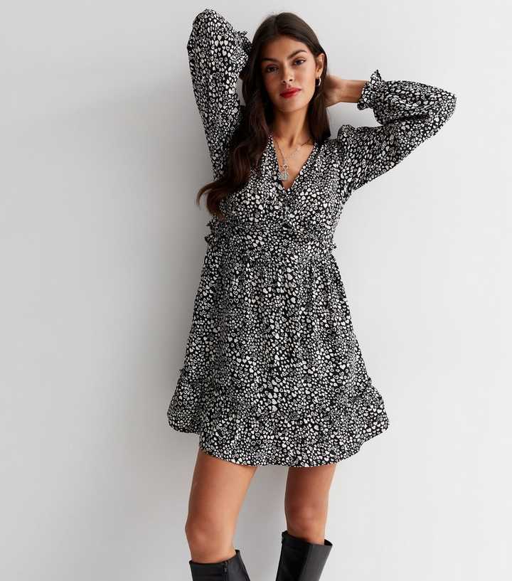 Black Heart Print V Neck Ruffled Hem Mini Dress