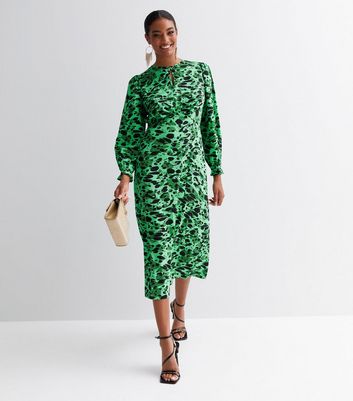 Green Leopard Print Keyhole Long Puff Sleeve Midi Dress