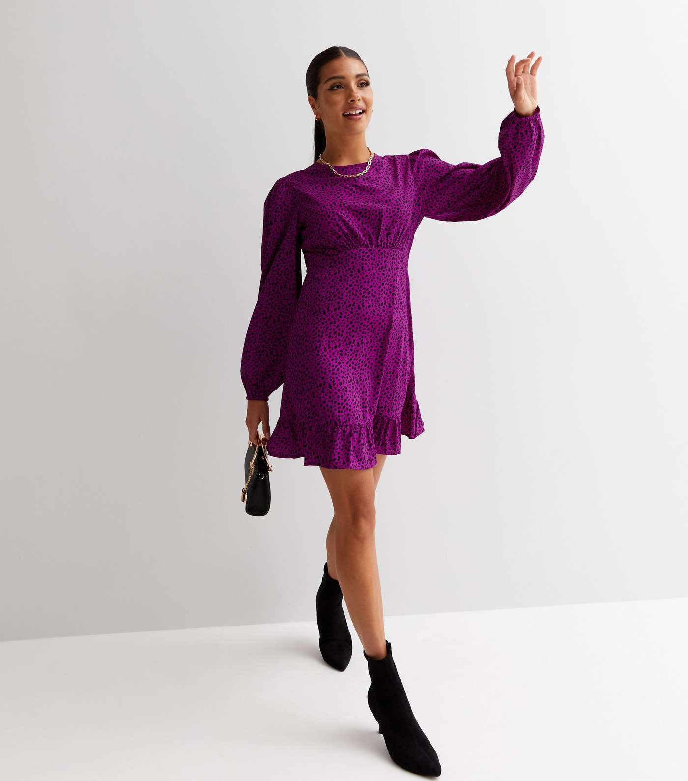 Purple Abstract Pattern Long Sleeve Ruffle Hem Mini Dress Image 2