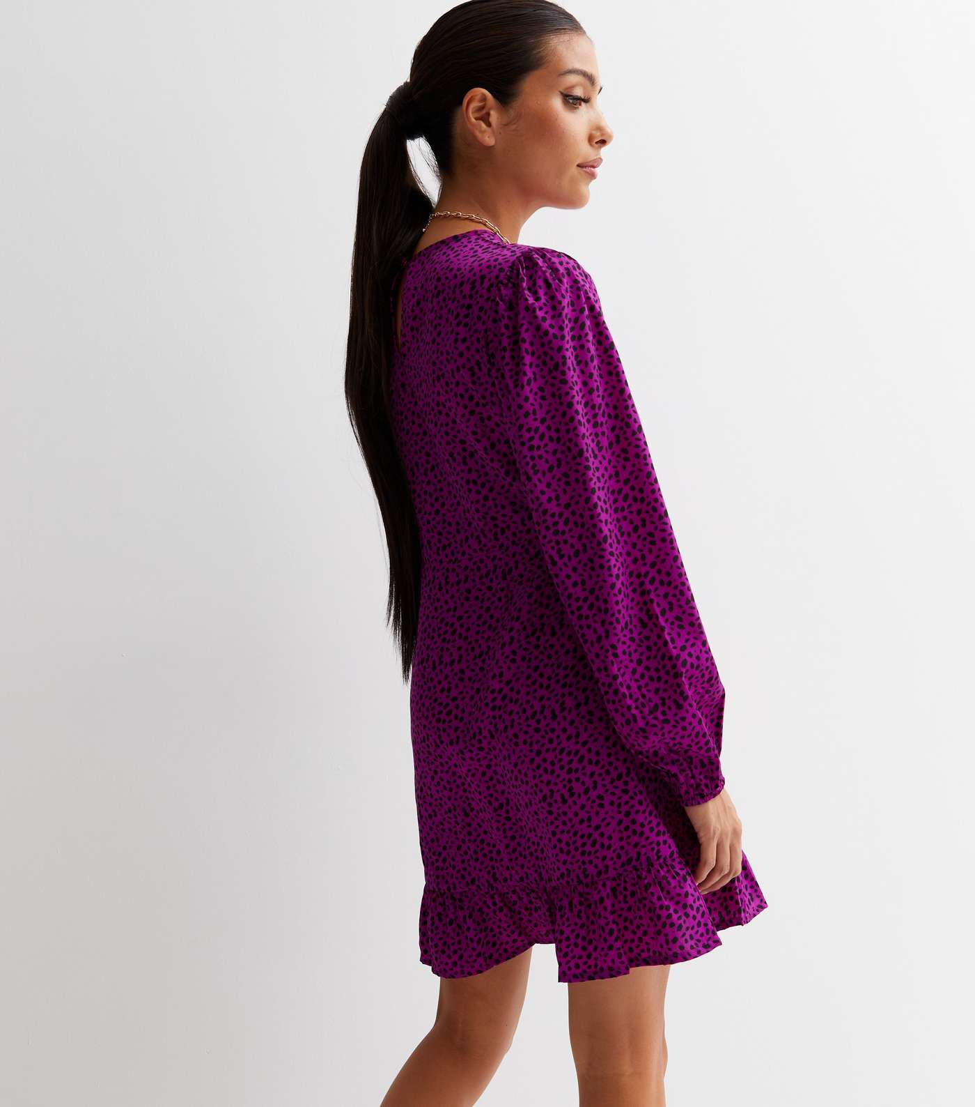 Purple Abstract Pattern Long Sleeve Ruffle Hem Mini Dress Image 4