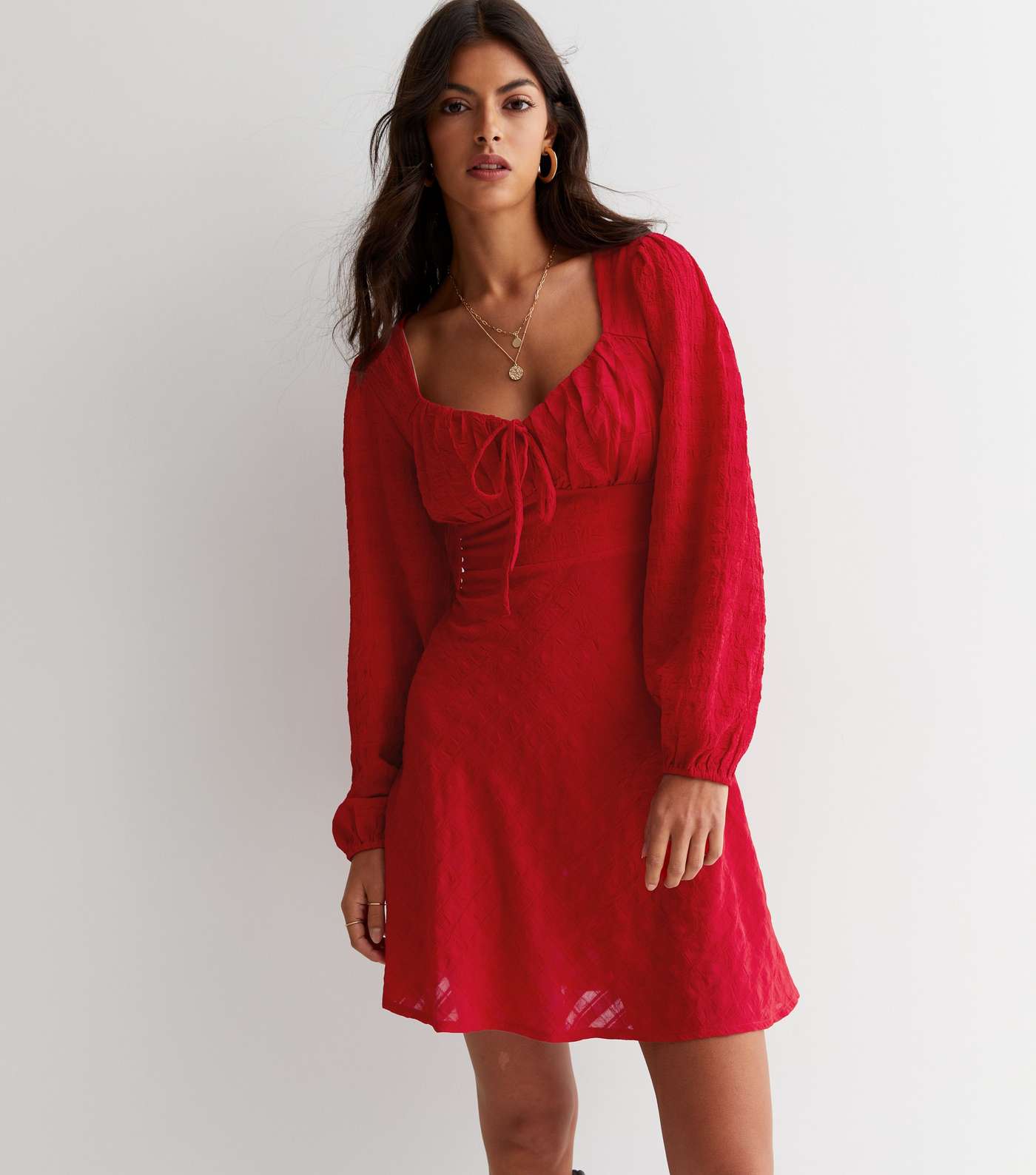 Red Textured Seersucker Long Puff Sleeve Milkmaid Mini Dress Image 2