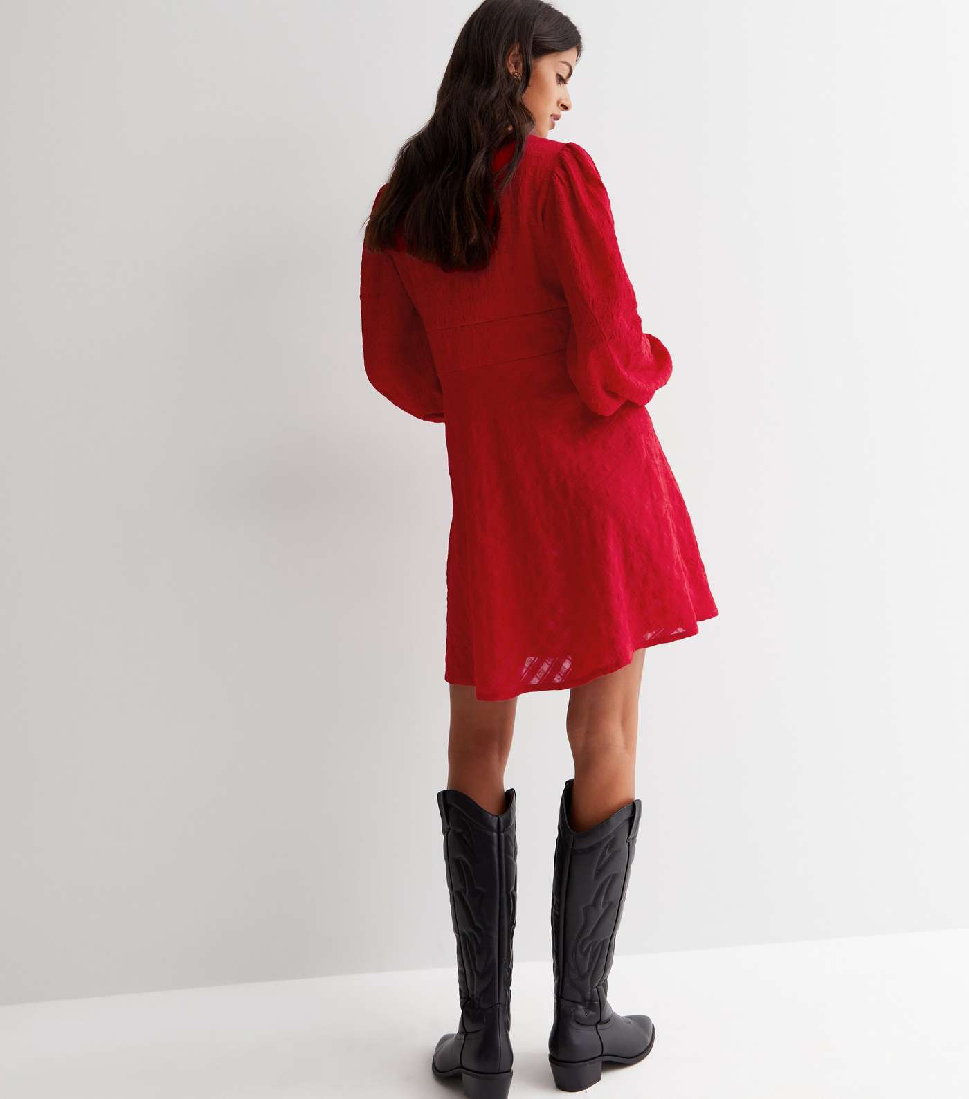Red Textured Seersucker Long Puff Sleeve Milkmaid Mini Dress Image 4