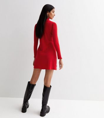 Red Ribbed Jersey High Neck Long Sleeve Mini Dress | New Look
