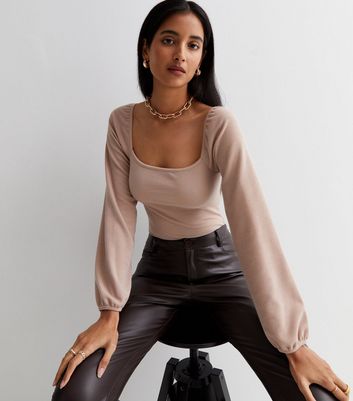 Camel Ribbed Jersey Square Neck Long Puff Sleeve Bodysuit