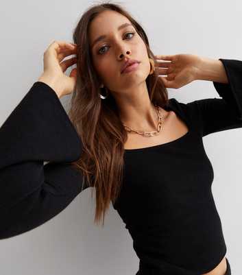 Black Ribbed Jersey Square Neck Bell Sleeve Crop Top